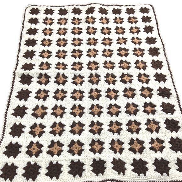VTG Handmade Crochet Afghan Small Throw Flower Granny Square Neutral 31 x 23.5"